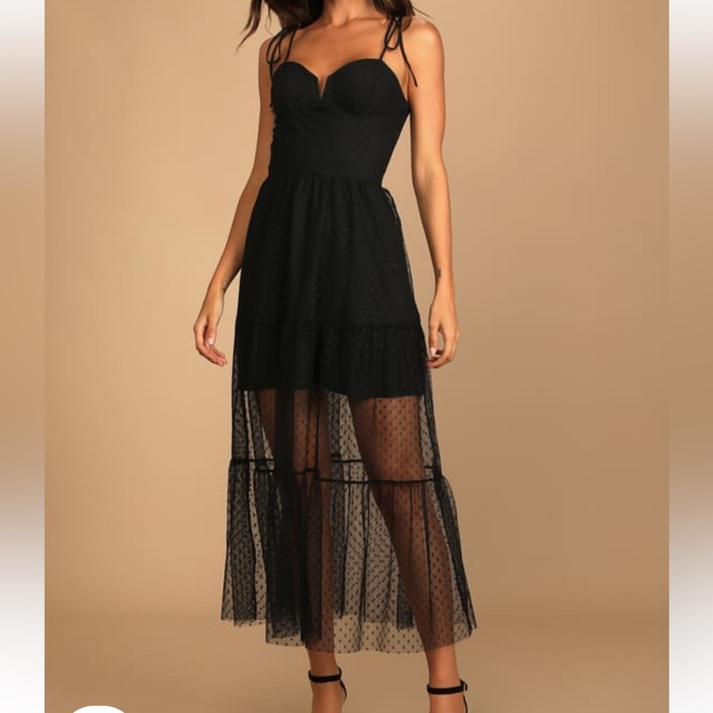 NWT Lulu’s romantic spot black polkadot mesh tiered dress
